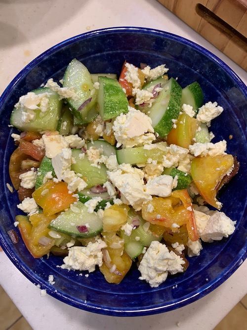 Organic cucumber and heirloom tomato salad